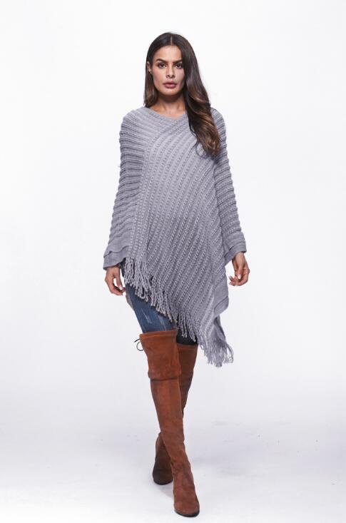 SZ60183-3 Loose Style Tassels Knit Irregular Cloak Sweater